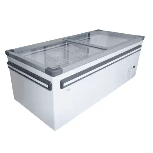 VS2000 VISI TOP FLAT GLASS ISLAND MERCHANDISER R290 22DEG Incl Baskets Single tank two lids castors bumper The Cater ring solutions Johannesburg.webp