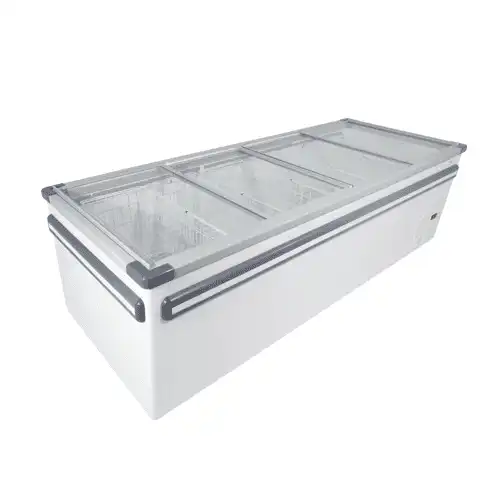 VS2500 VISI TOP FLAT GLASS ISLAND MERCHANDISER R290 22DEG Incl Baskets single tank four lids castors bumper The Cater ring solutions Johannesburg.webp