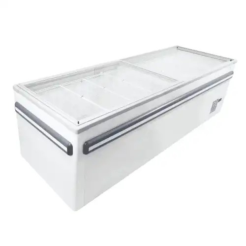 VS2500SL VISI TOP FLAT GLASS ISLAND MERCHANDISER R290 22DEG Incl Baskets single tank two lids levelling feet bumper The Cater ring solutions Johannesburg.webp