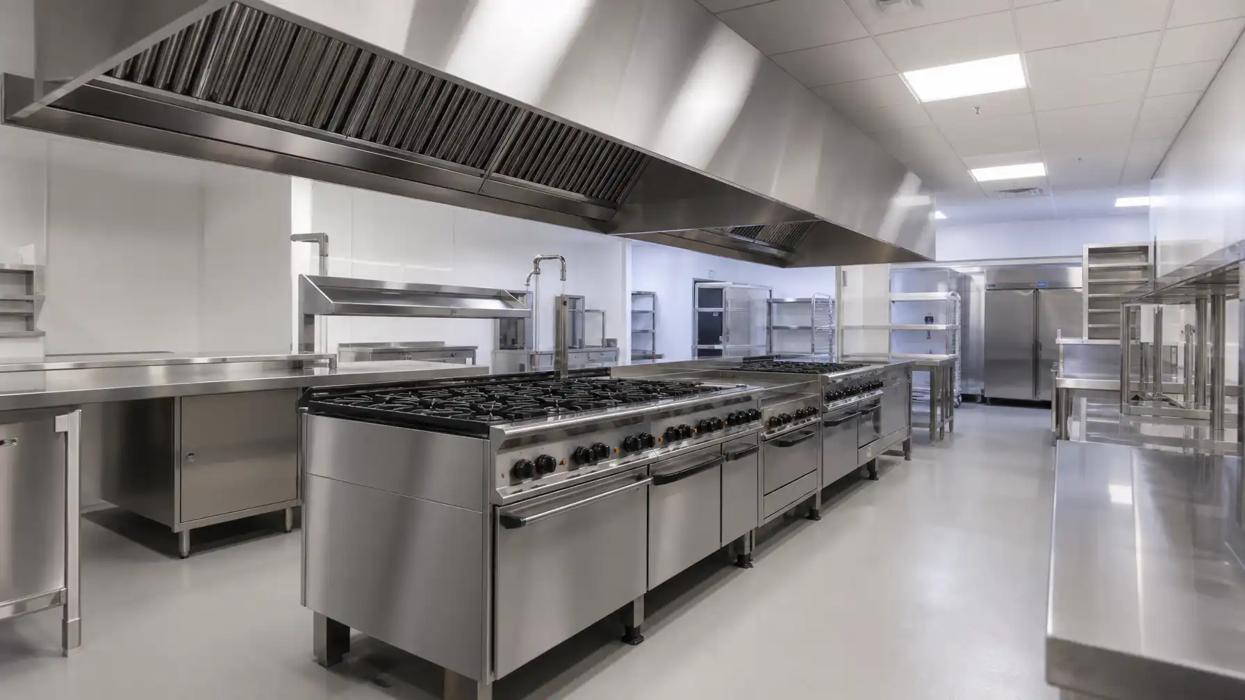 A brand new commercial kitchen being fitted out in South Africa with gleaming stainless steel equipment