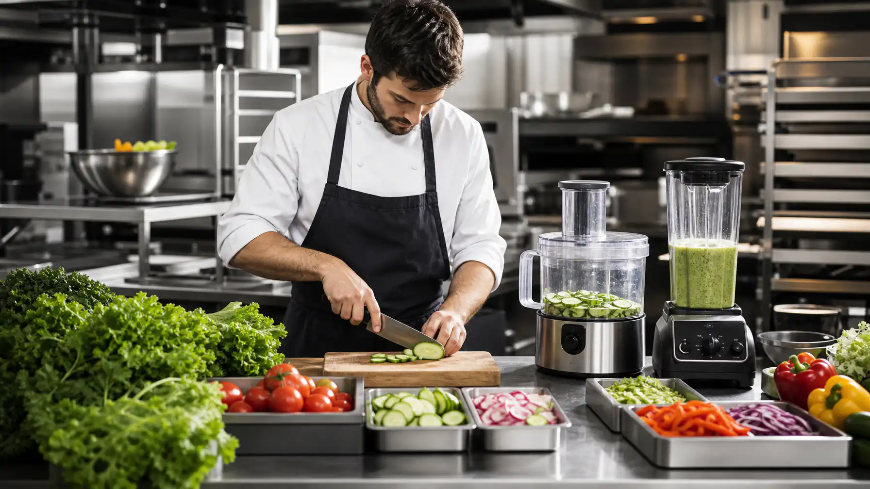 A professional chef at a commercial food preparation station with slicer, blender and fresh ingredients organised on stainless steel tables