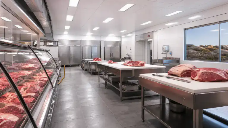 Professional commercial butchery cutting room with stainless steel tables and refrigerated display cases