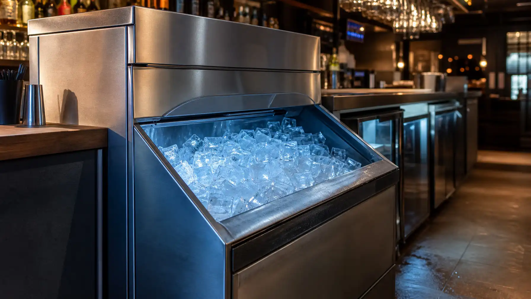 Commercial ice machine with ice bin open in a South African restaurant