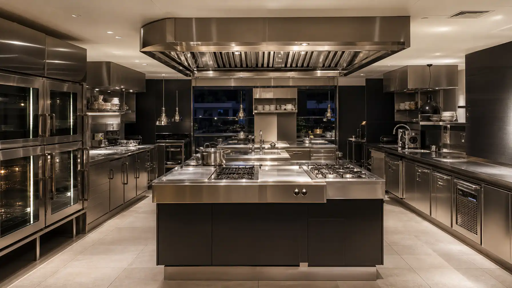 Upscale hotel kitchen interior with multiple cooking lines and stainless steel surfaces