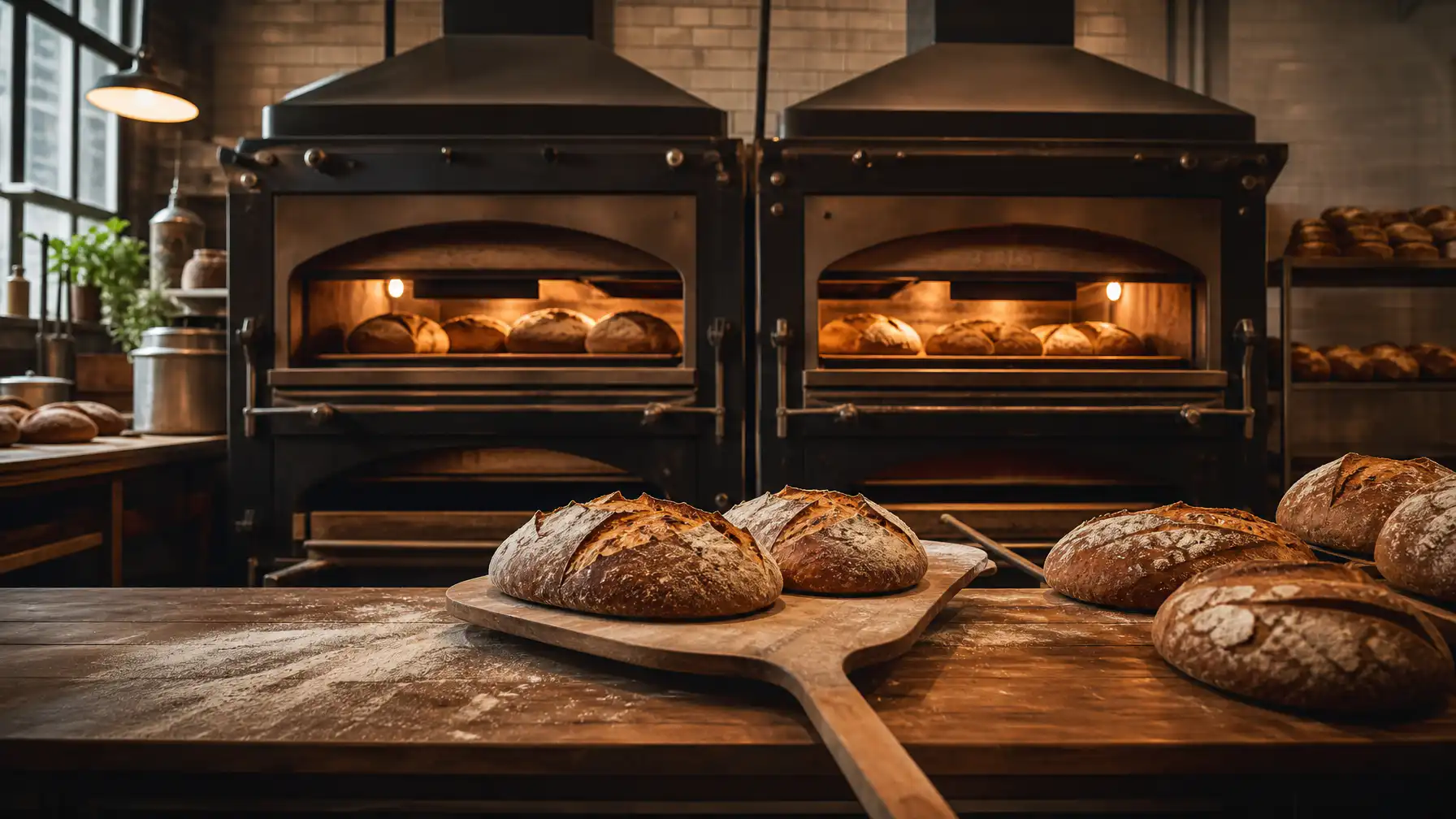 Stone-deck commercial bakery ovens with artisan sourdough loaves on wooden peels