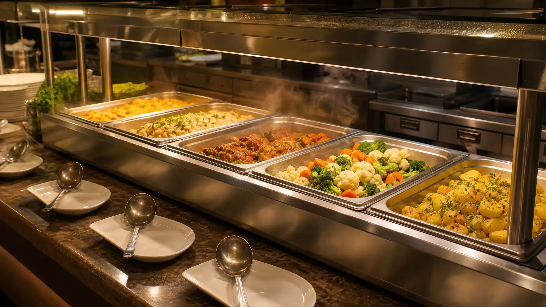 Stainless steel bain marie hot food holding unit with gastronorm pans at a hotel buffet service setup