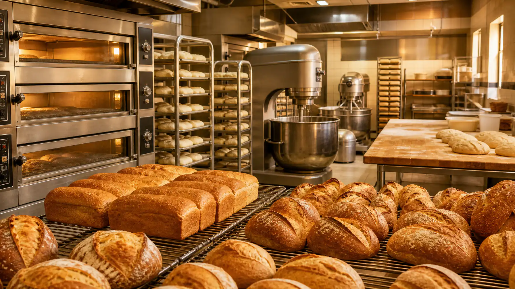 Commercial bakery interior with deck ovens, proofing racks, industrial mixers and freshly baked bread on cooling racks