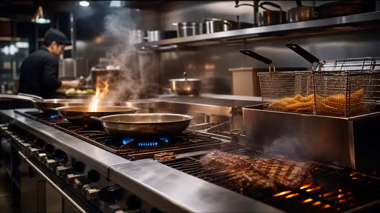 A high-performance commercial cooking line in full operation with gas ranges, fryers and charbroiler in a South African restaurant kitchen