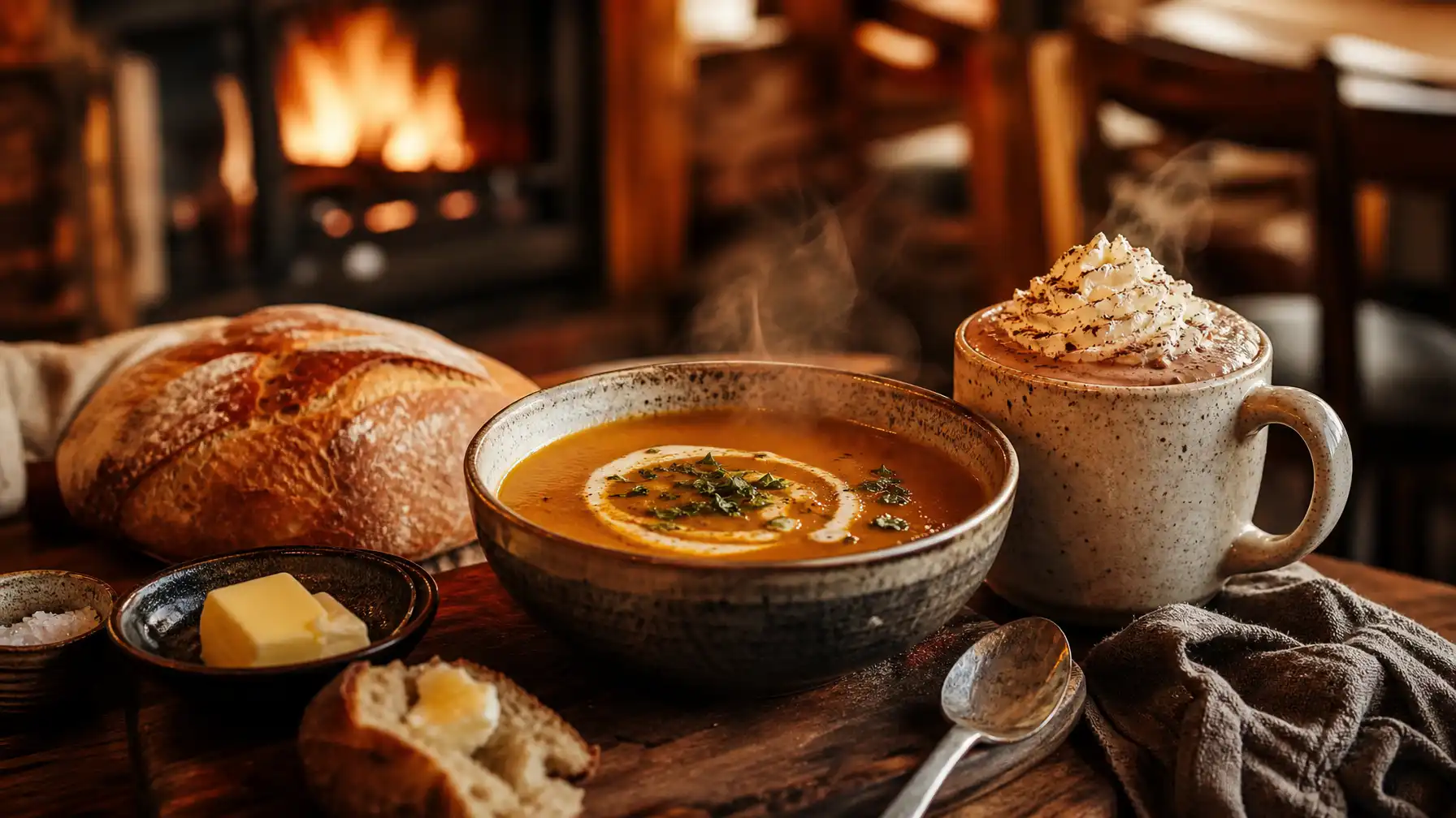 Warm winter comfort food spread in a South African café including steaming soup, hot chocolate and freshly baked bread