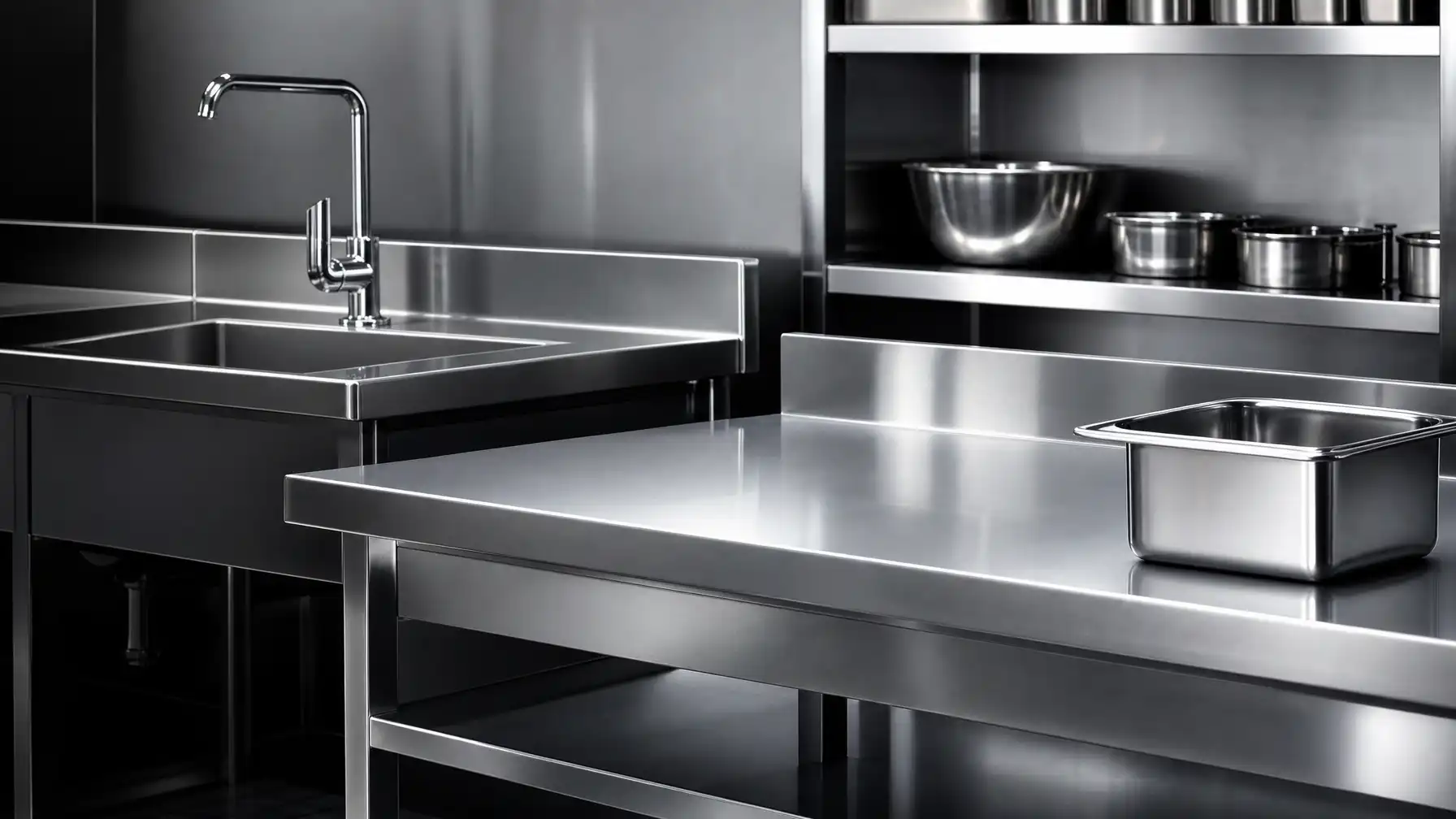 Gleaming stainless steel commercial kitchen surfaces including prep tables, sinks and shelving under dramatic studio lighting