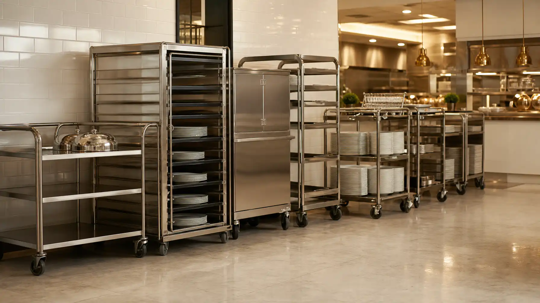 Stainless steel catering trolleys in a professional hotel banqueting kitchen