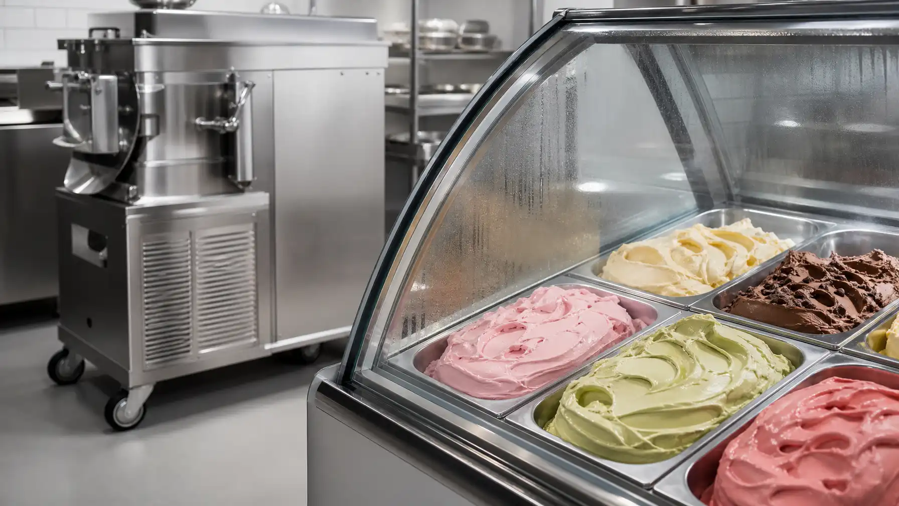 Commercial gelato display cabinet with vibrant gelato scoops and batch freezer equipment in a professional kitchen