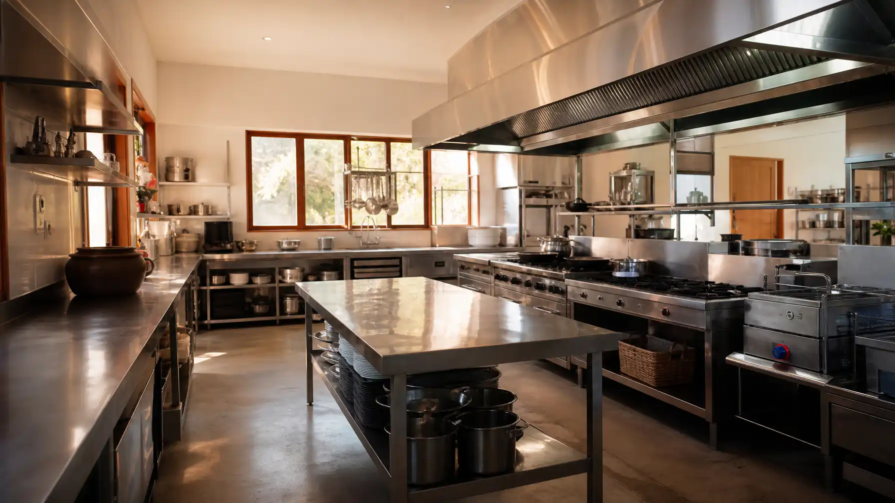 Professional commercial kitchen interior with stainless steel surfaces and industrial cooking equipment