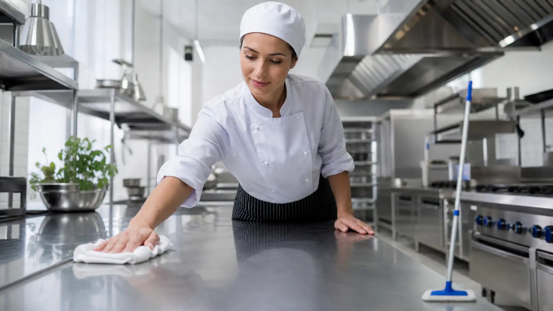 A kitchen team member cleaning a gleaming stainless steel commercial kitchen surface in a bright, hygienic South African food service environment