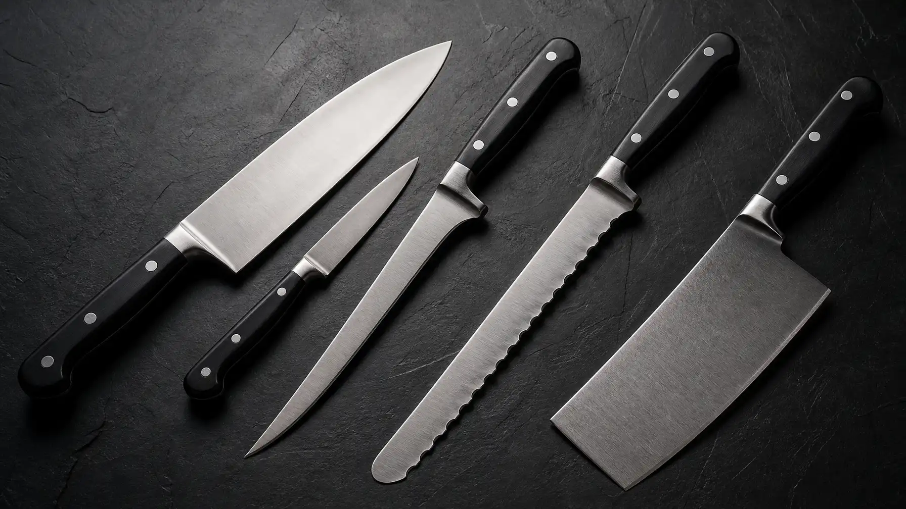 Professional chef knife set laid flat on dark slate surface including chef's knife, paring knife, boning knife, bread knife and cleaver