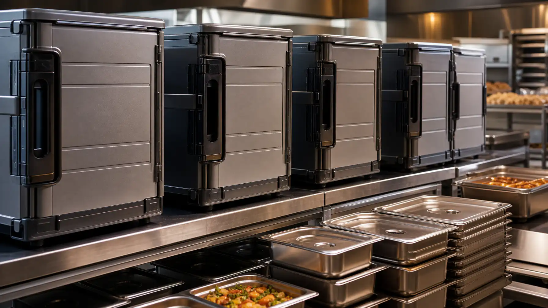 Stainless steel insulated hot boxes and gastronorm food transport containers in a professional catering kitchen