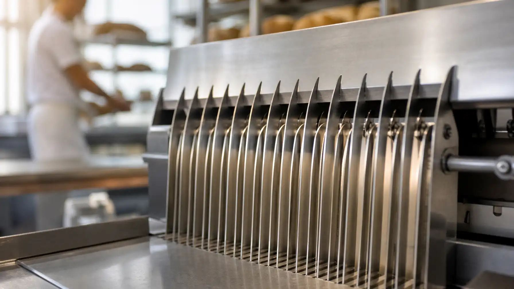 Commercial bread slicer blades in a professional South African bakery