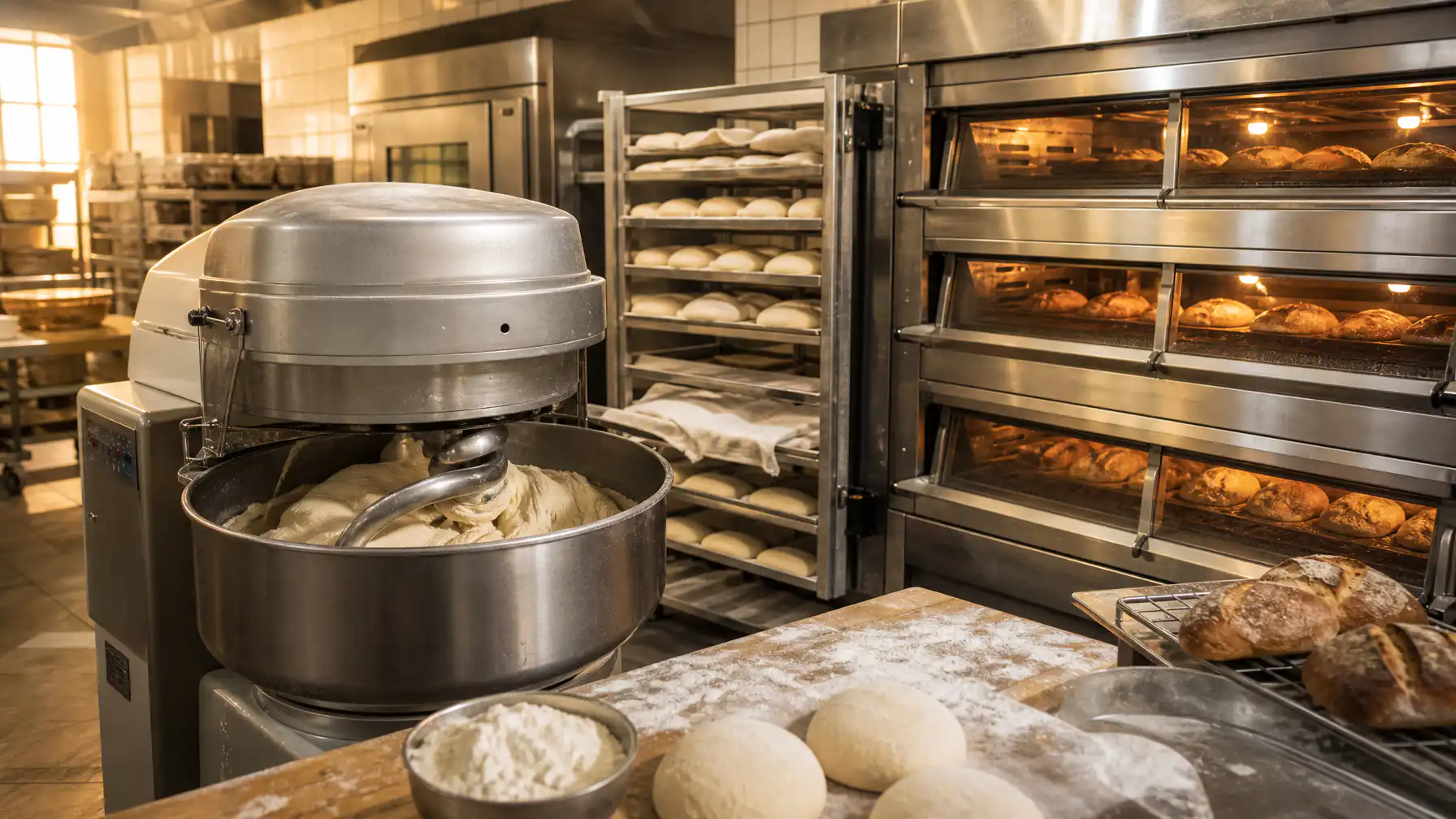 A fully equipped South African commercial bakery with spiral dough mixer, deck ovens and proofing trays in operation