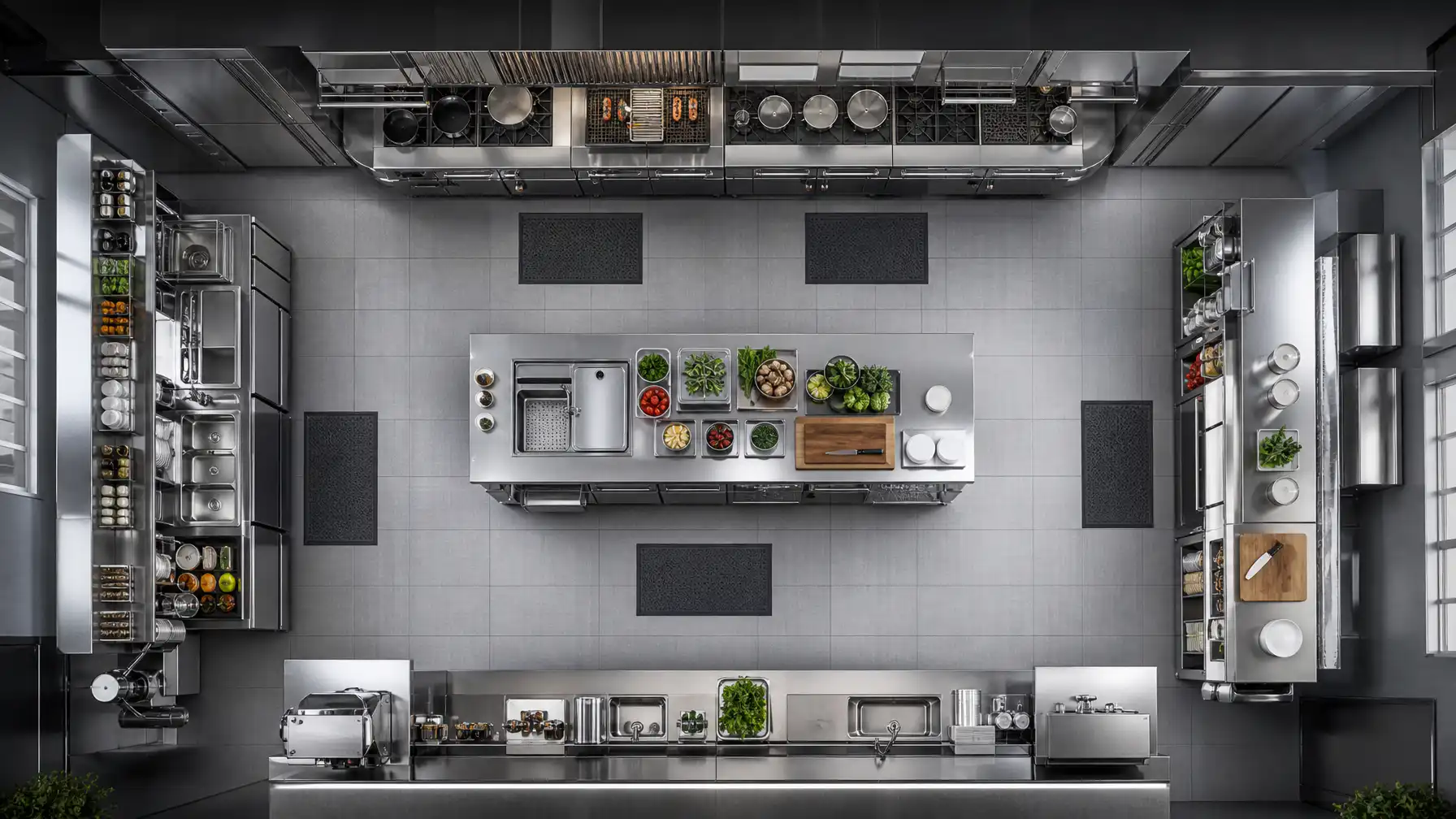 Bird's eye view of a well-organised commercial kitchen layout showing clear workflow pathways and stainless steel stations