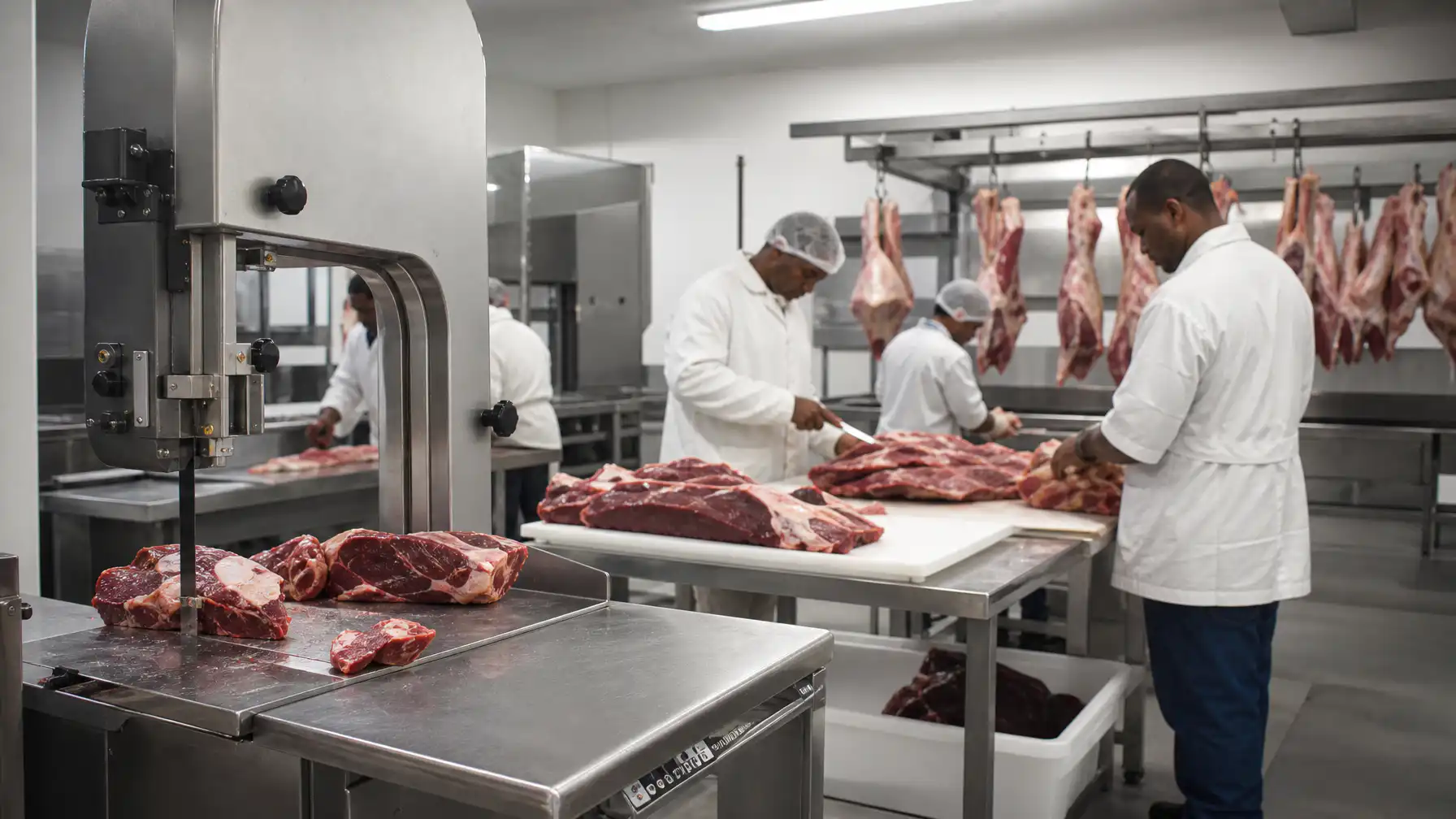 A professional South African butchery operation with commercial bandsaw and stainless steel cutting tables during game meat season