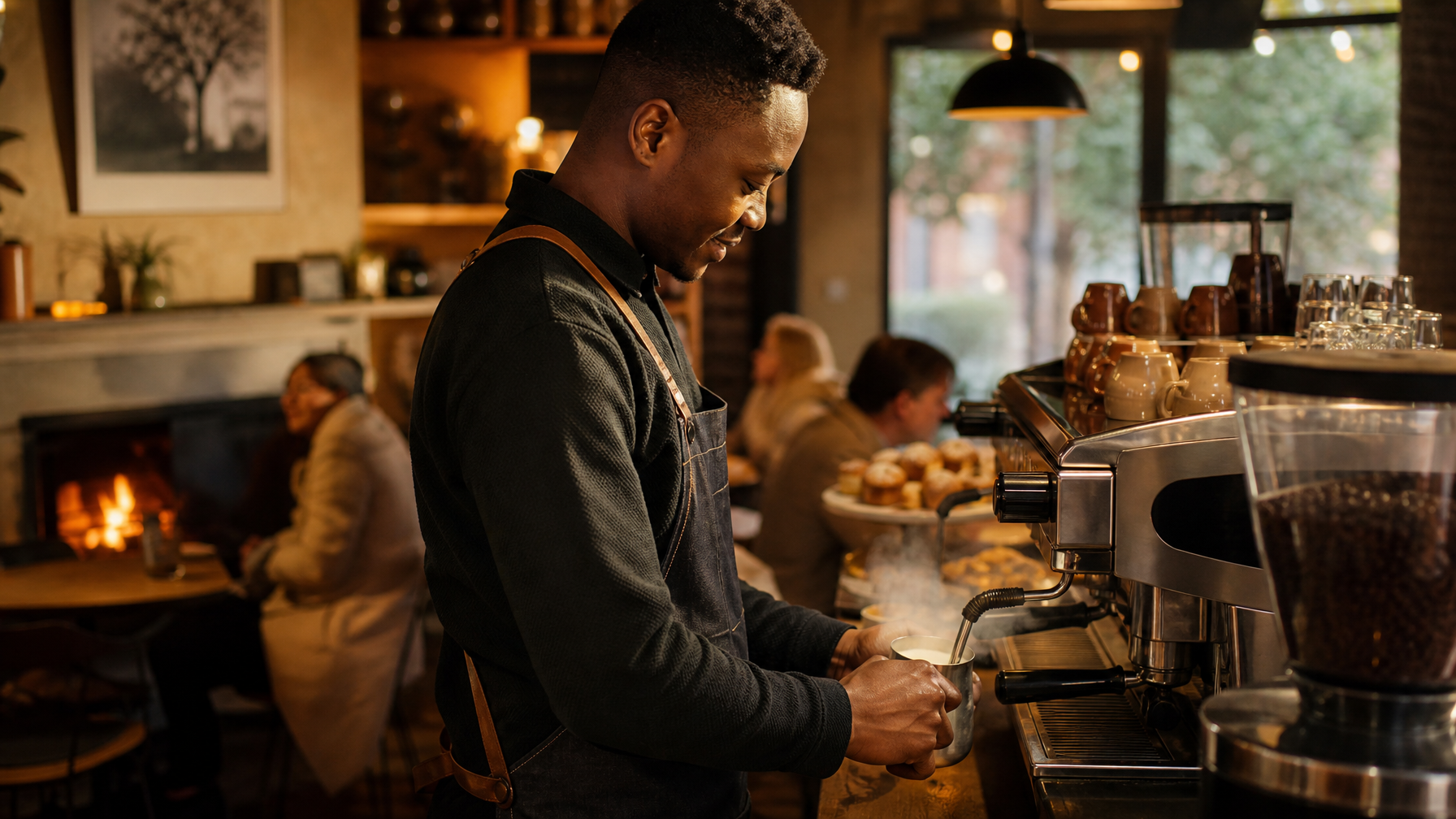 A South African barista operating a commercial coffee machine in a warm, inviting winter café setting